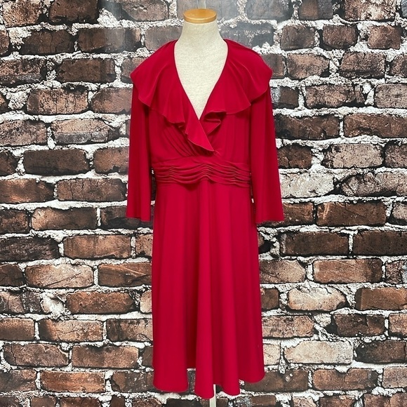 Evan-Picone Dress Women's 14 Red Long Sleeve A-Line Midi V-Neck Ruffles - Picture 5 of 16